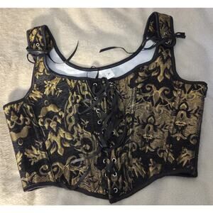 Vintage-style Floral Brocade Lace-up Corset Bustier Top Black Gold Sz XL